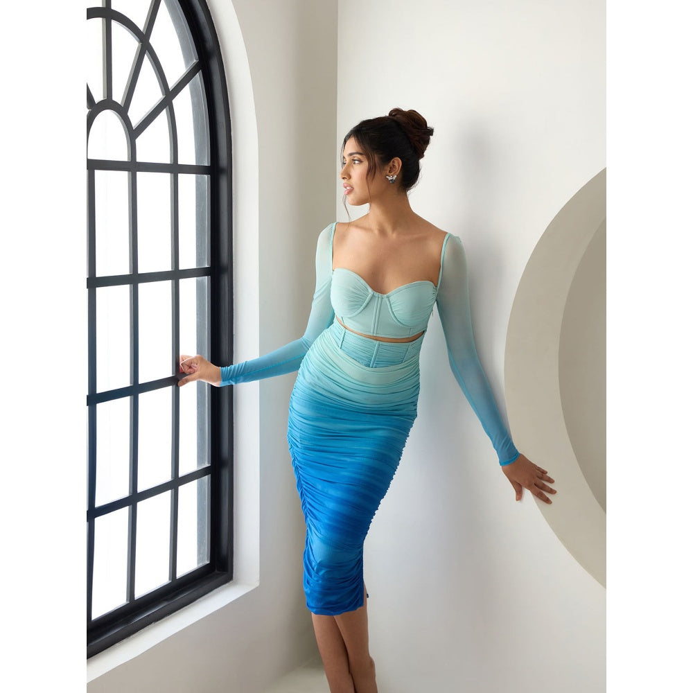 Lea Clothing Tatiana Blue Ombre Ruched Mesh Midi Corset Dress