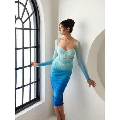 Lea Clothing Tatiana Blue Ombre Ruched Mesh Midi Corset Dress