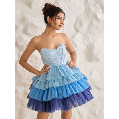 Lea Clothing Belle Blue Ombre Ruffle Tulle Puff Corset Dress