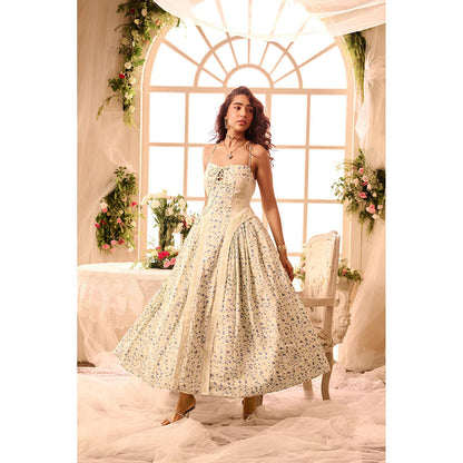 Lea Clothing Allegra White Blue Printed Corset Maxi Dress