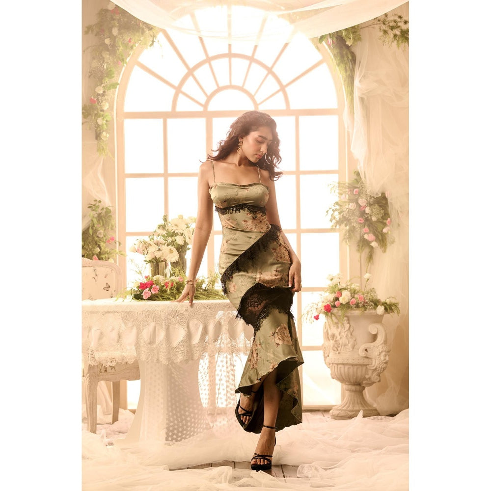 Lea Clothing Honey Olive Green Floral Satin and Lace Asymmetric Dress