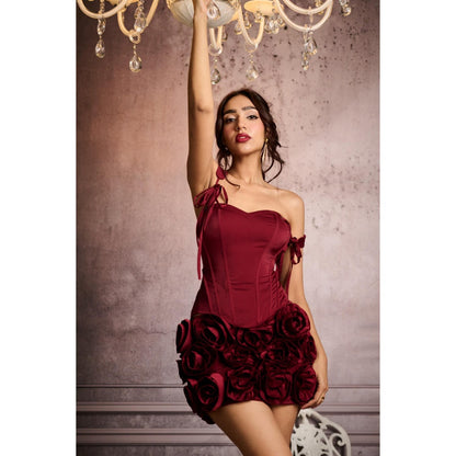 Lea Clothing Melanie Cherry Red Hand-Embellished 3D Flower Mini Skirt