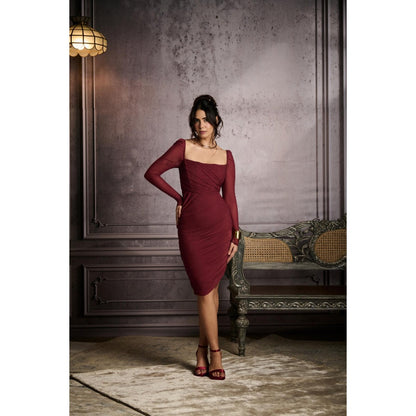 Lea Clothing Venus Burgundy Side Slit Ruched Dress