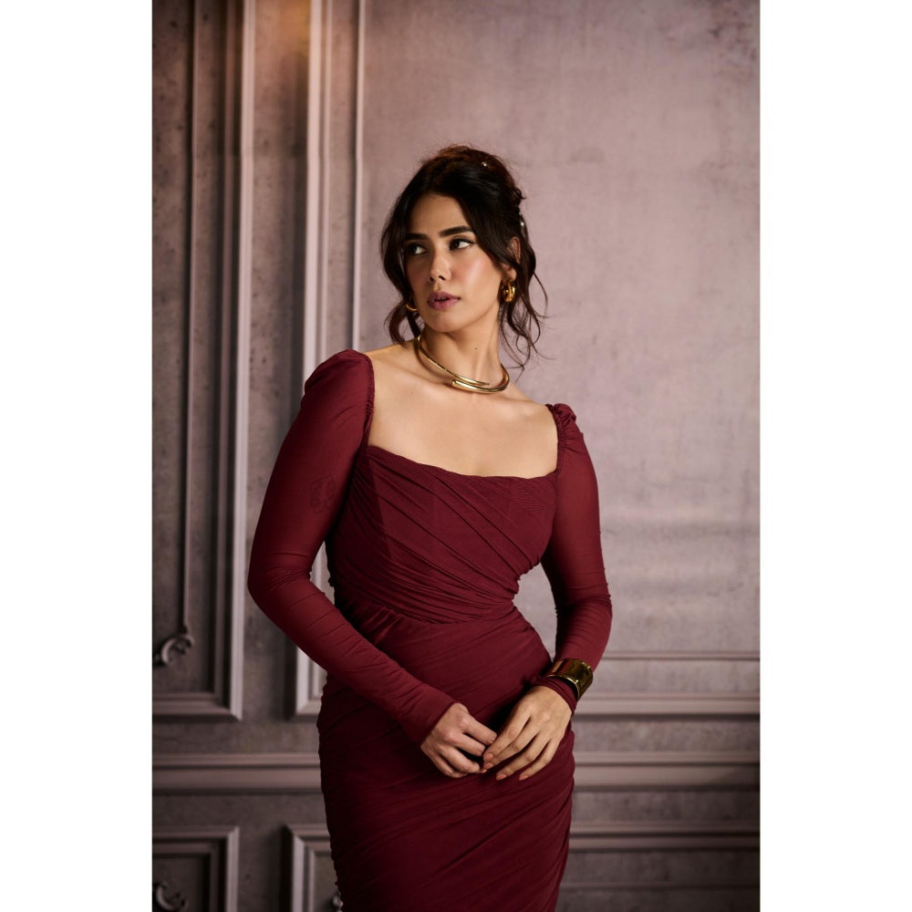 Lea Clothing Venus Burgundy Side Slit Ruched Dress