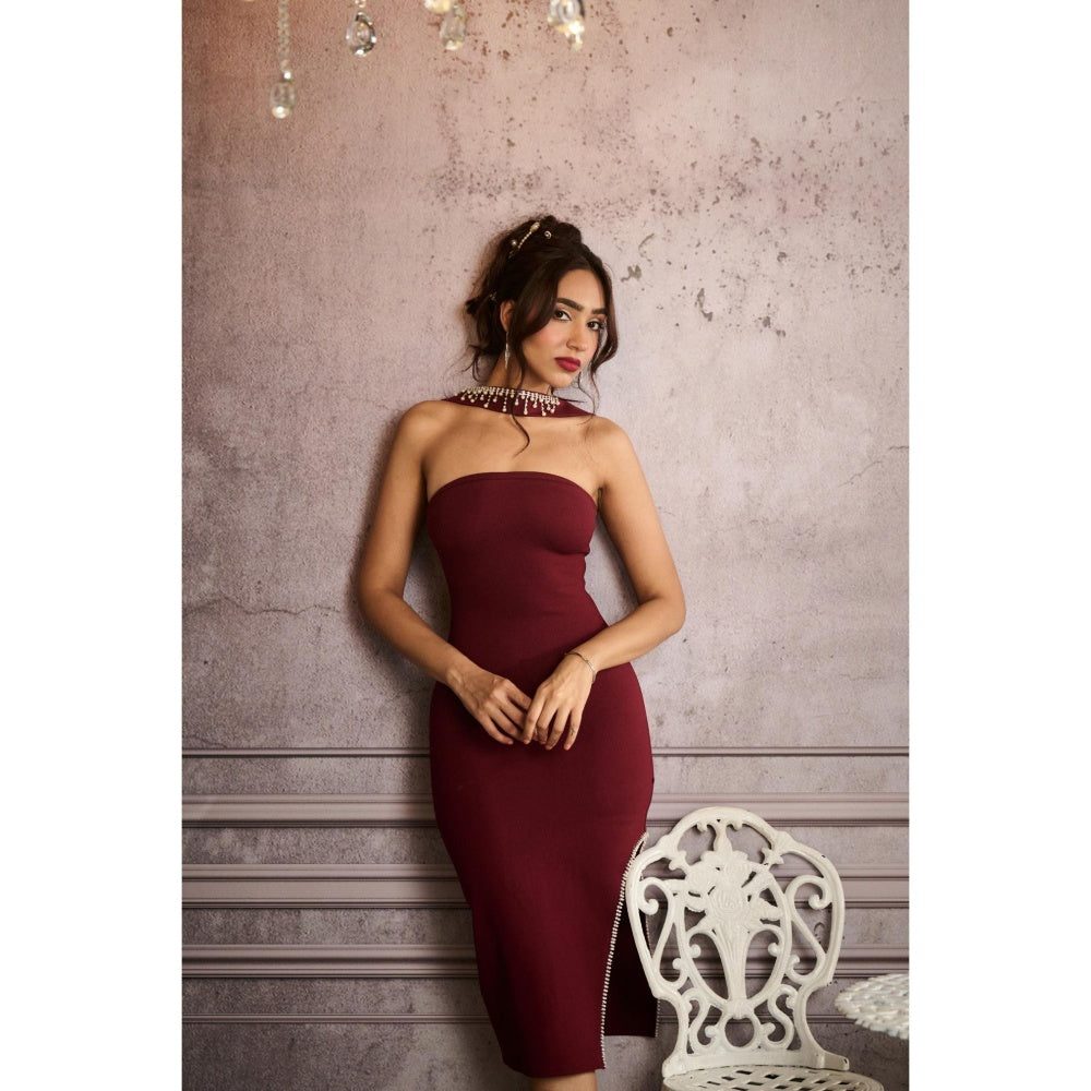 Lea Clothing Janice Burgundy Embellished Mock Neck Midi Dress