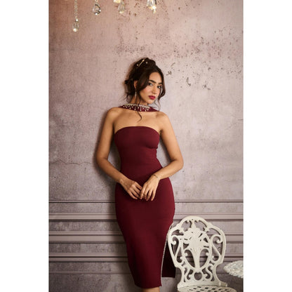 Lea Clothing Janice Burgundy Embellished Mock Neck Midi Dress