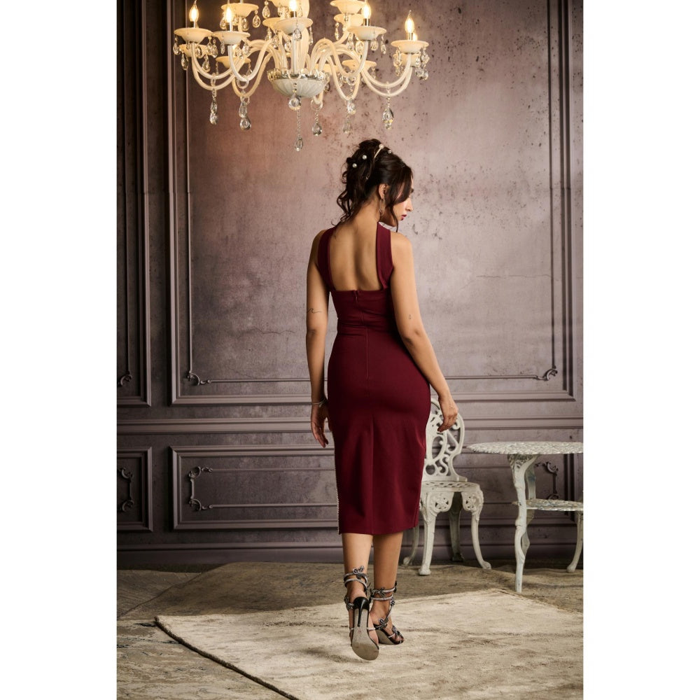 Lea Clothing Janice Burgundy Embellished Mock Neck Midi Dress
