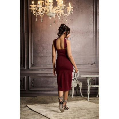Lea Clothing Janice Burgundy Embellished Mock Neck Midi Dress