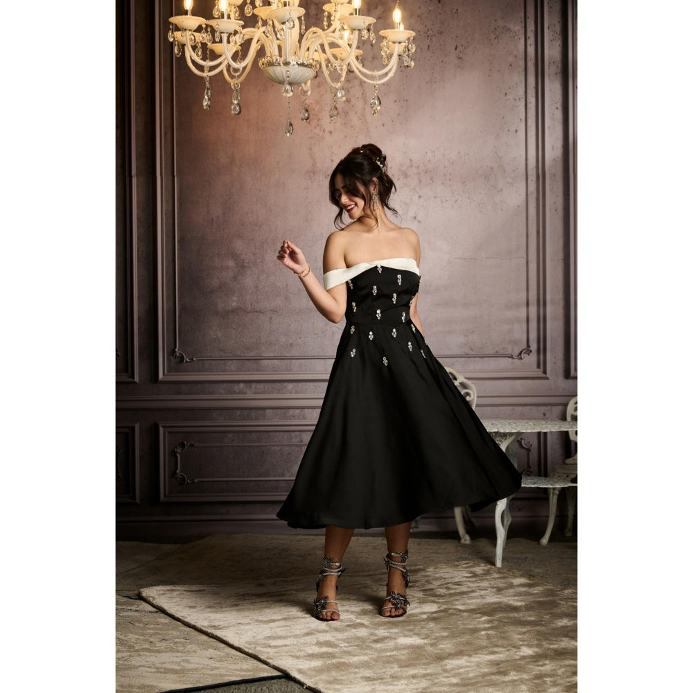 Lea Clothing Cristina Black Crystal A-Line Satin Midi Dress