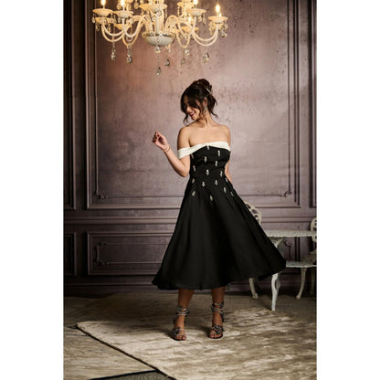 Lea Clothing Cristina Black Crystal A-Line Satin Midi Dress