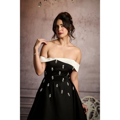 Lea Clothing Cristina Black Crystal A-Line Satin Midi Dress