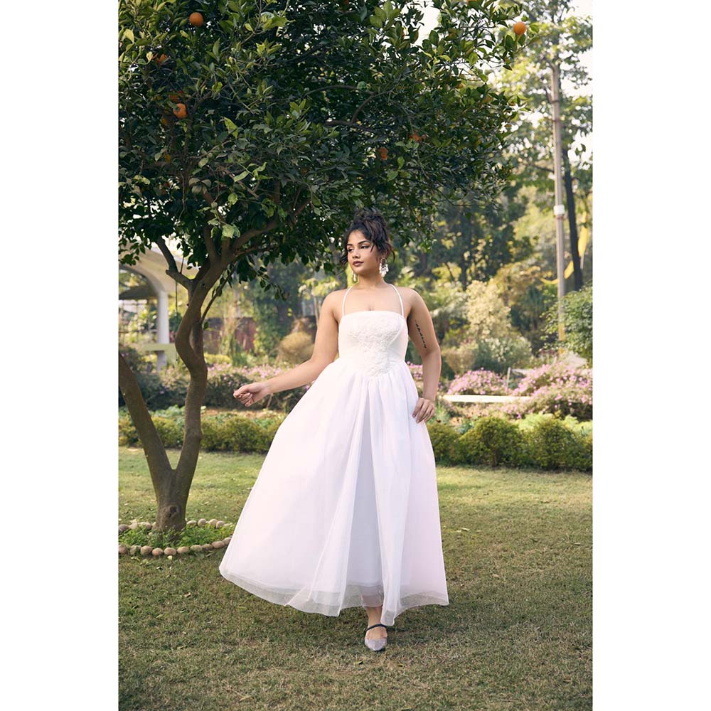 Lea Clothing Charisse White Embroidered Puff Dress