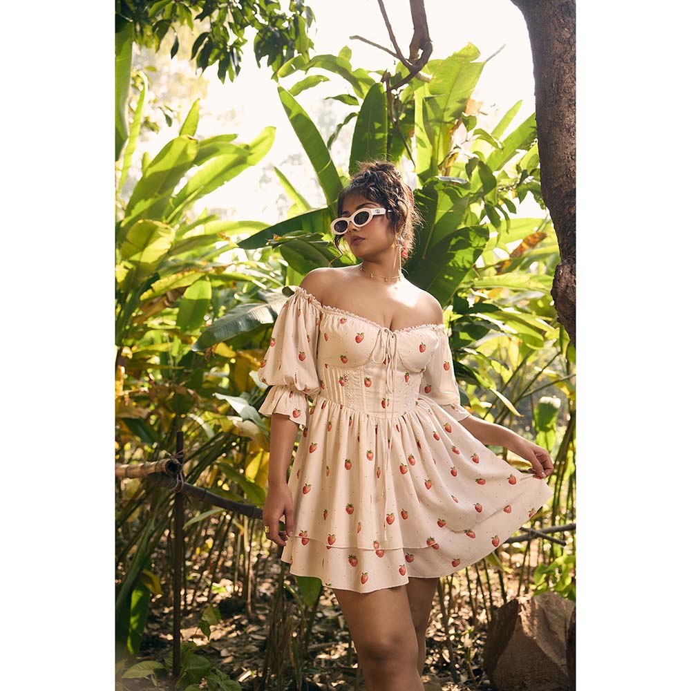 Lea Clothing Cream Lillibeth Strawberry Printed Mini Dress