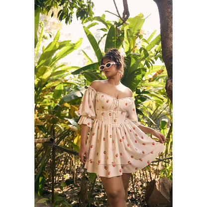 Lea Clothing Cream Lillibeth Strawberry Printed Mini Dress