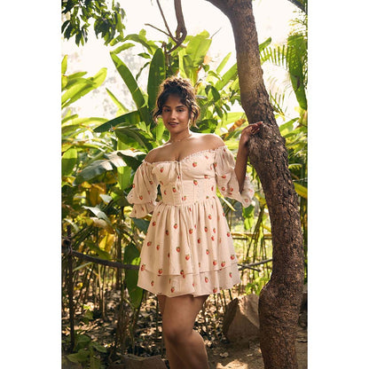 Lea Clothing Cream Lillibeth Strawberry Printed Mini Dress