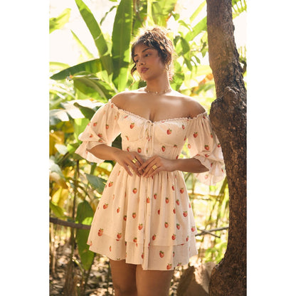 Lea Clothing Cream Lillibeth Strawberry Printed Mini Dress
