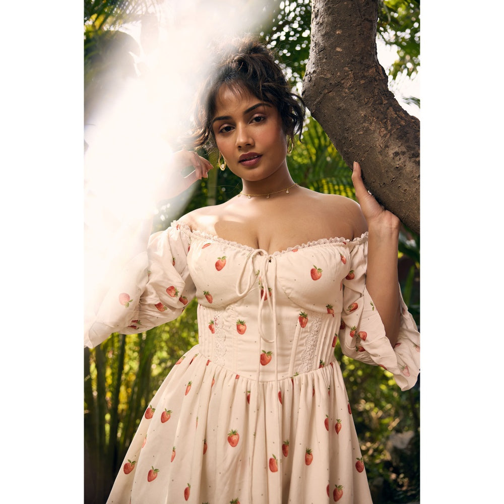 Lea Clothing Cream Lillibeth Strawberry Printed Mini Dress