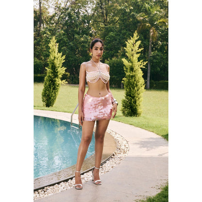 Lea Clothing Cove Baby Pink and White Embellished Top