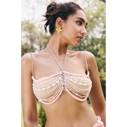 Lea Clothing Cove Baby Pink and White Embellished Top