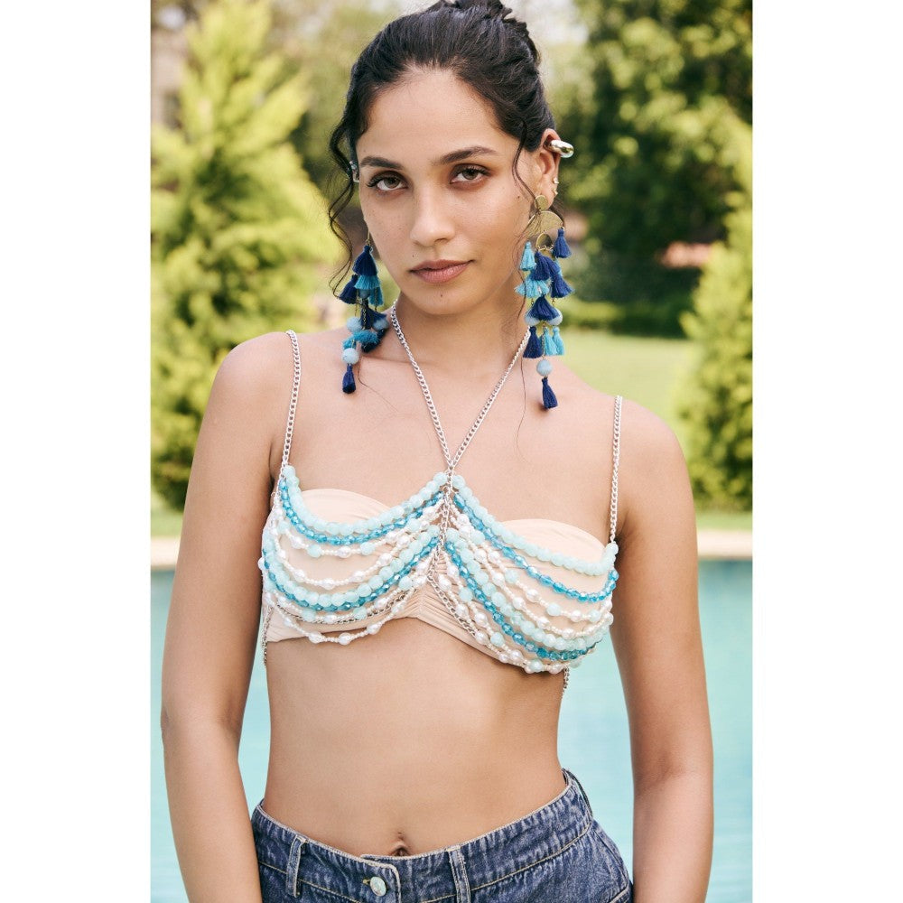 Lea Clothing Nude Caelia Blue Beaded Halter Crop Top
