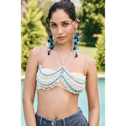 Lea Clothing Nude Caelia Blue Beaded Halter Crop Top