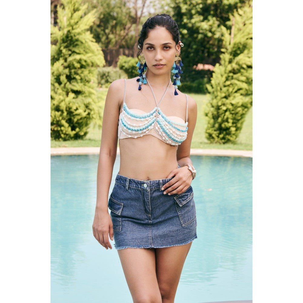 Lea Clothing Nude Caelia Blue Beaded Halter Crop Top