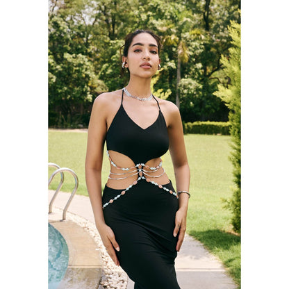 Lea Clothing Yuliana Black Cutout Beaded Maxi Dress
