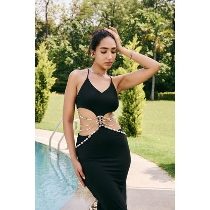 Lea Clothing Yuliana Black Cutout Beaded Maxi Dress