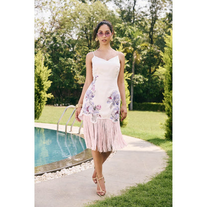 Lea Clothing Eira White Satin Printed Tassel Dress