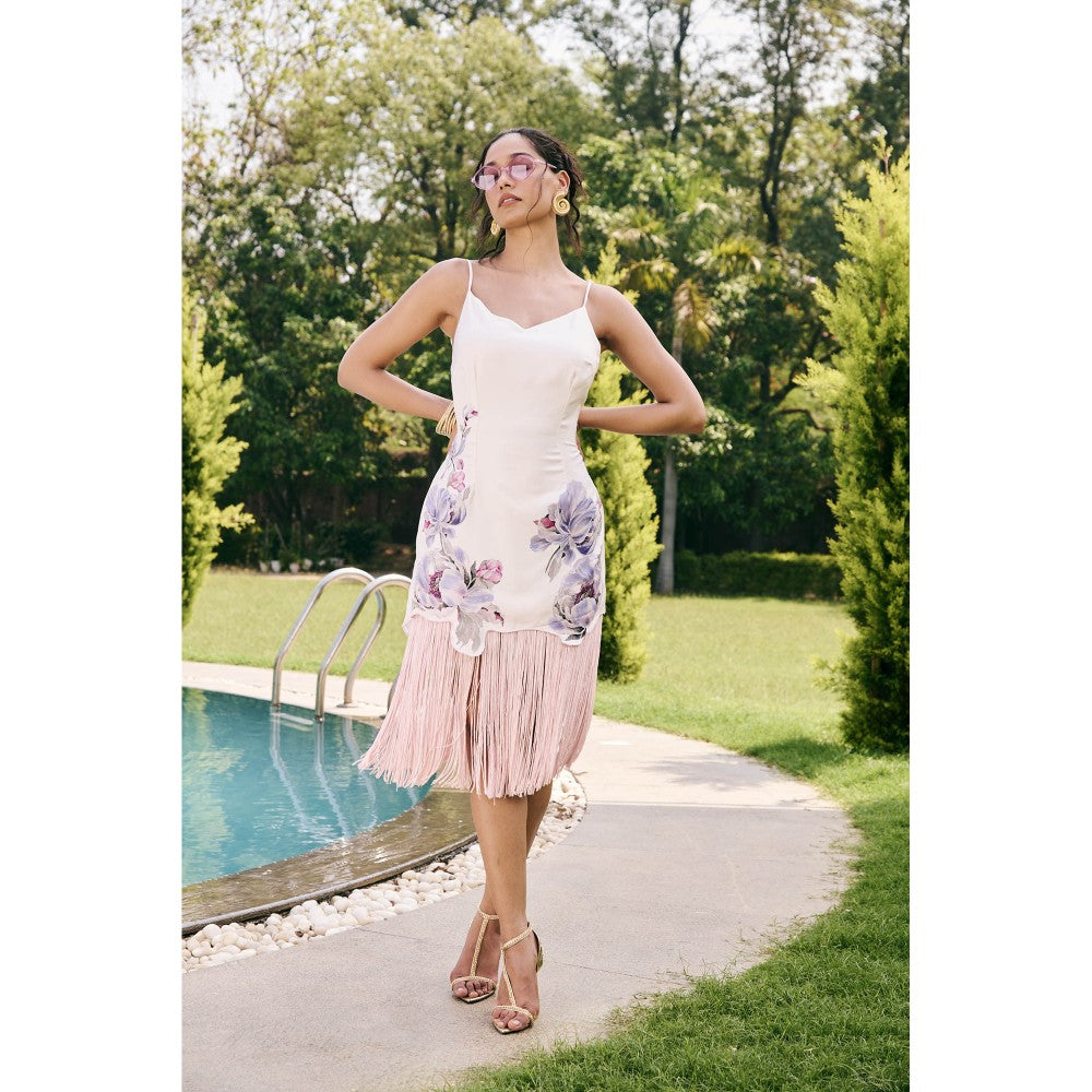 Lea Clothing Eira White Satin Printed Tassel Dress