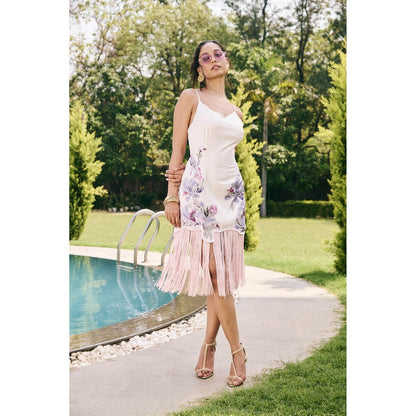 Lea Clothing Eira White Satin Printed Tassel Dress