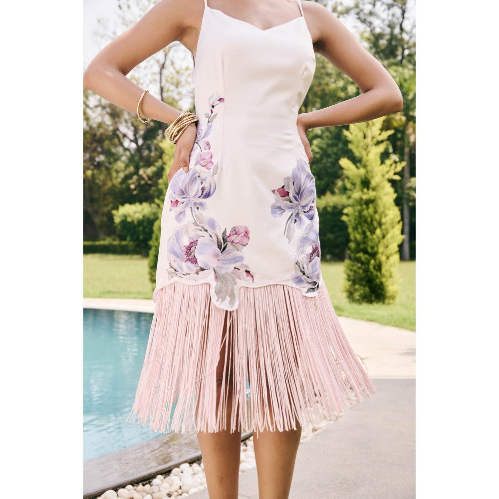Lea Clothing Eira White Satin Printed Tassel Dress