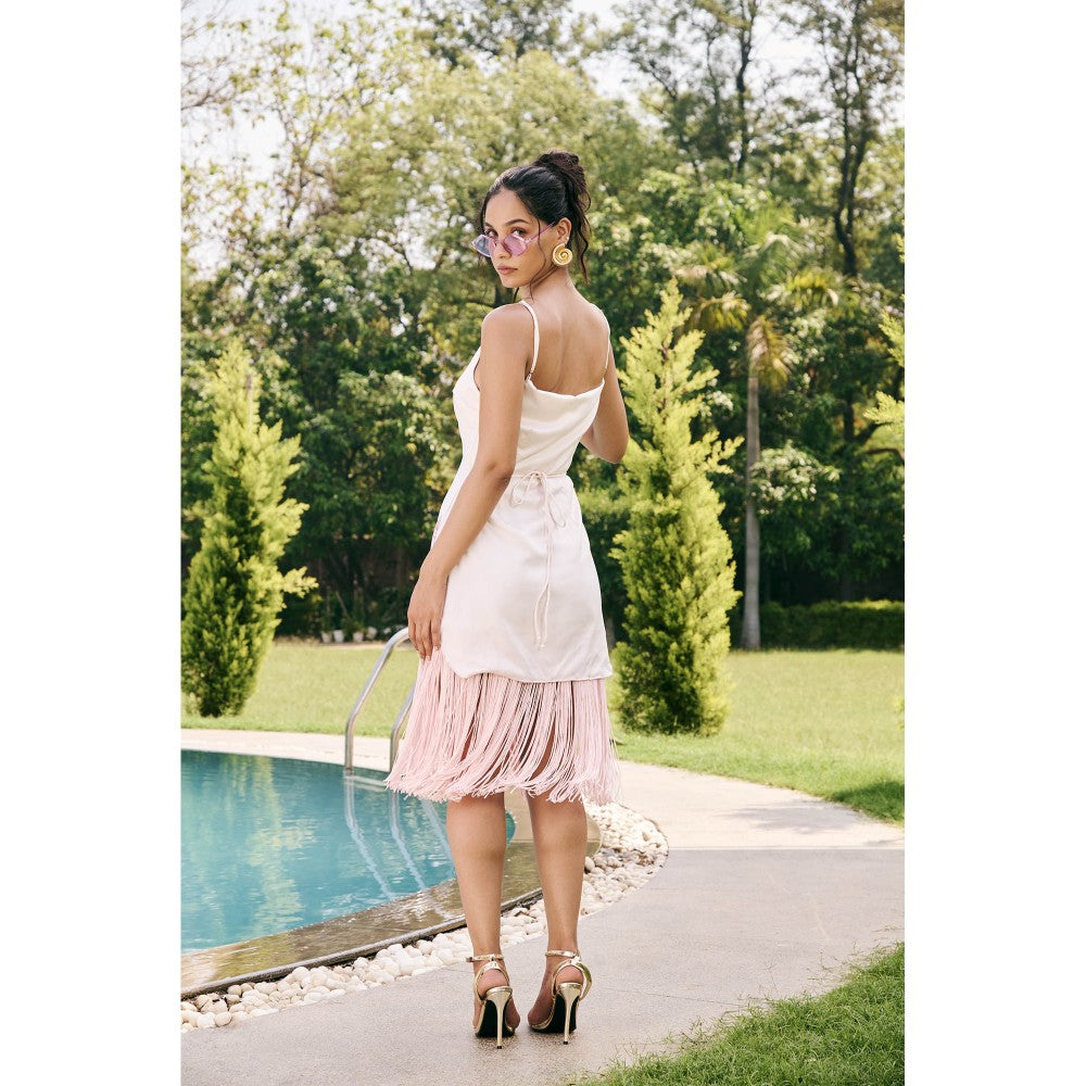 Lea Clothing Eira White Satin Printed Tassel Dress