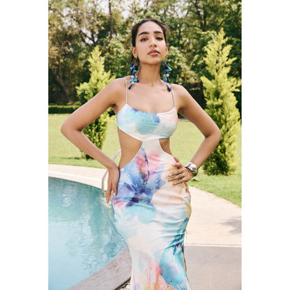 Lea Clothing Melina Multi Bloom Cutout Midi Dress