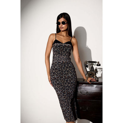 Lea Clothing Black Odessa Leopard Print Corset Midi Dress