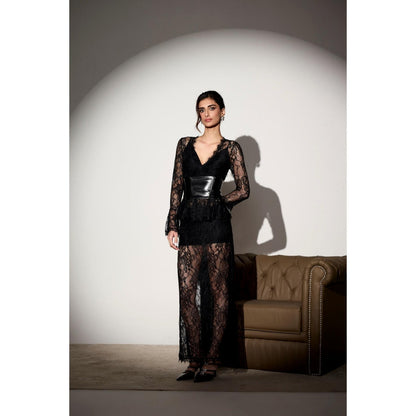 Lea Clothing Midnight Lace Maxi Dress with Belt