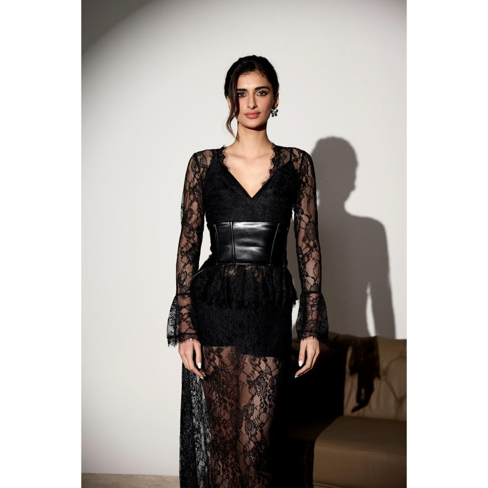 Lea Clothing Midnight Lace Maxi Dress with Belt