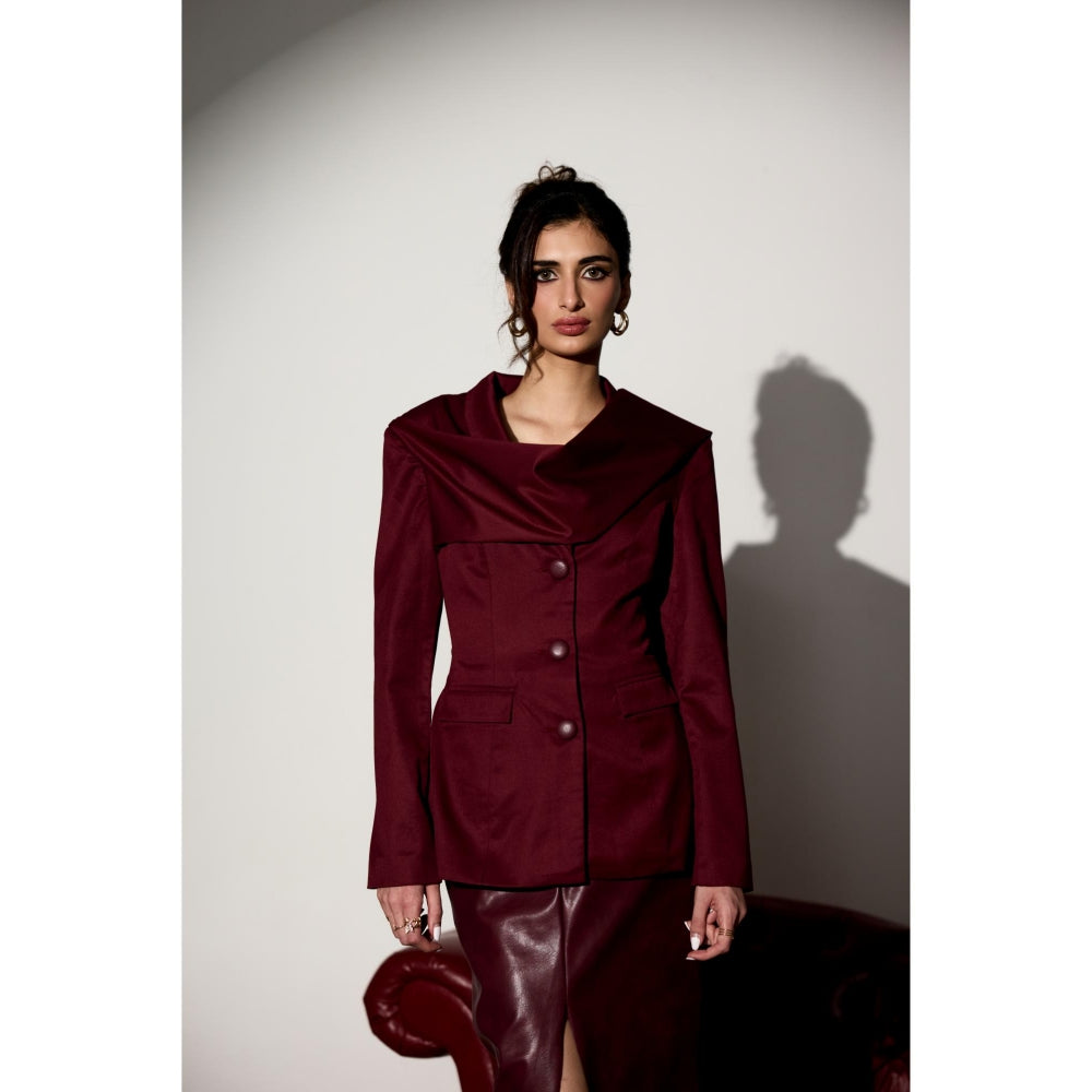 Lea Clothing Carmella Maroon Structured Blazer with Shawl