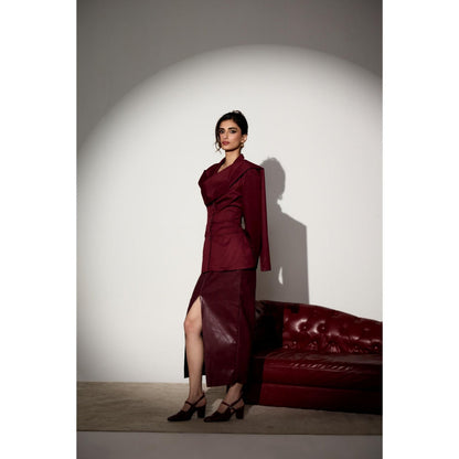 Lea Clothing Carmella Maroon Structured Blazer with Shawl
