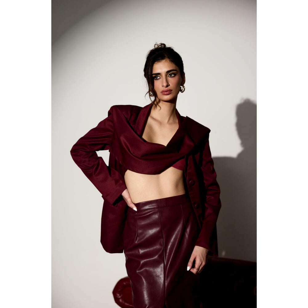 Lea Clothing Carmella Maroon Structured Blazer with Shawl
