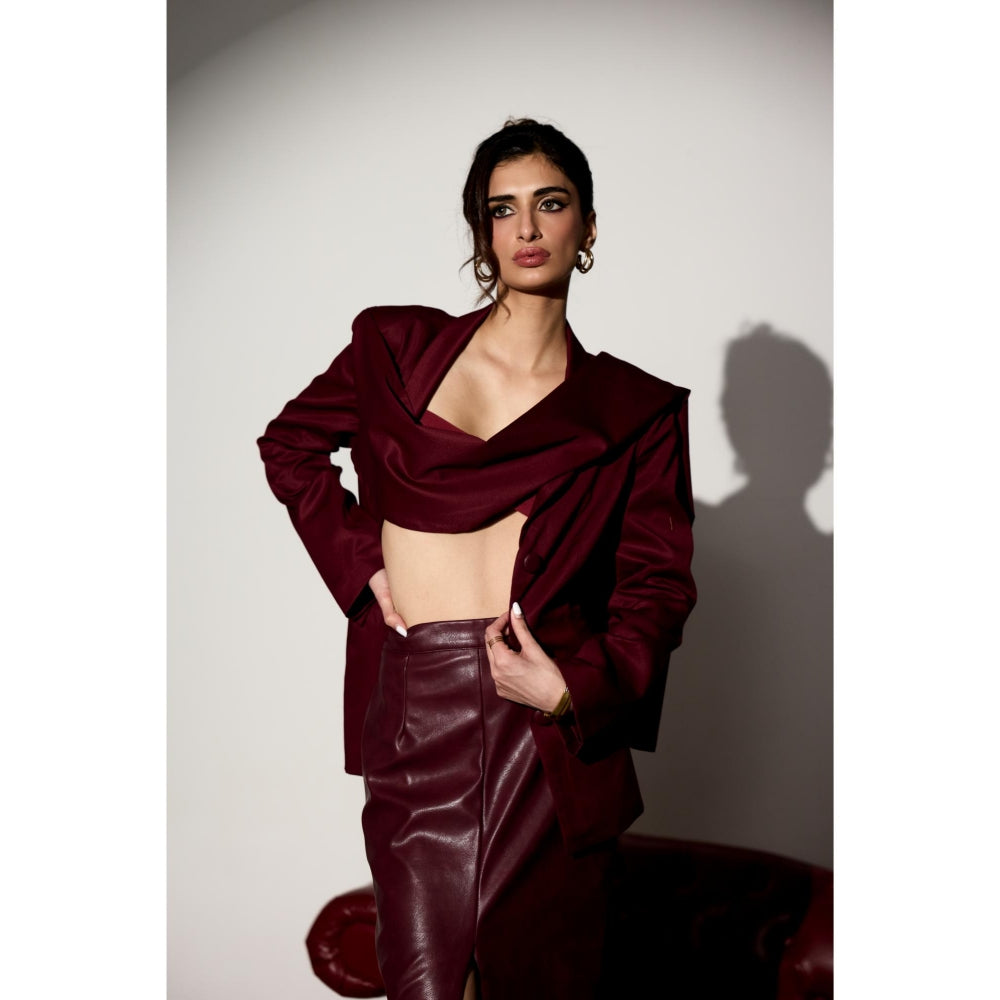 Lea Clothing Carmella Maroon Structured Blazer with Shawl