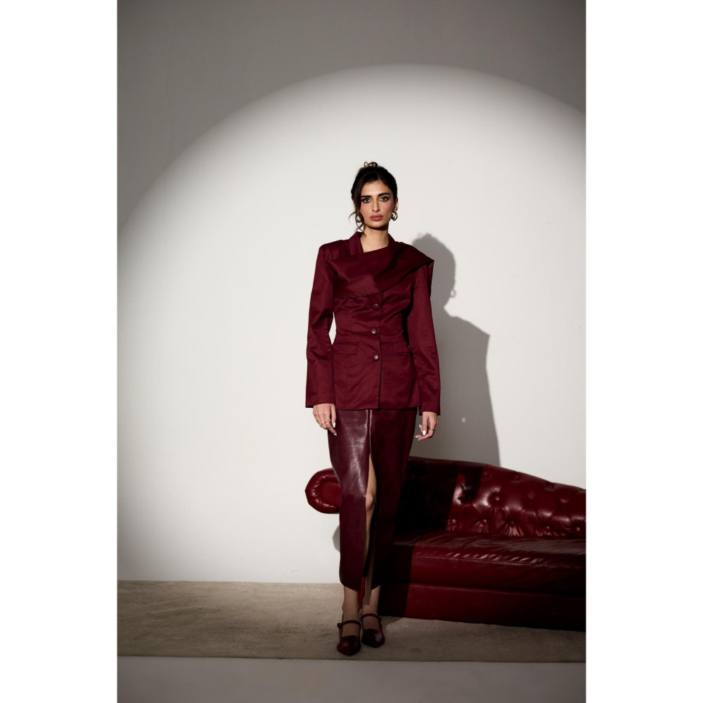 Lea Clothing Carmella Maroon Structured Blazer with Shawl