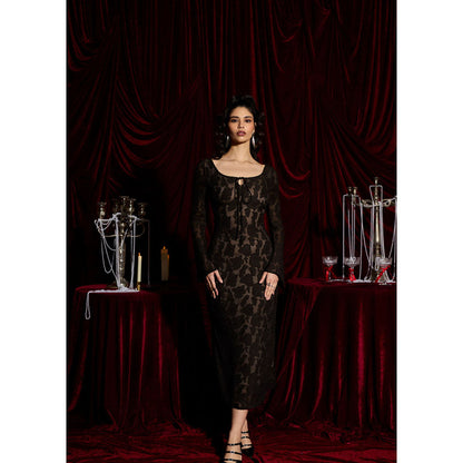 Lea Clothing Nocturne Shadow Jacquard Lace Midi Dress