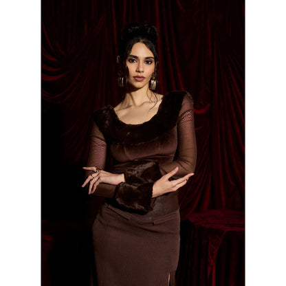 Lea Clothing Brown Deer Sheer Fur-Trim Top