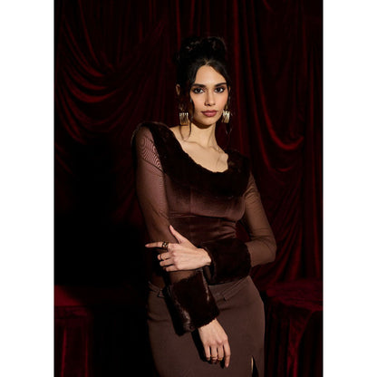 Lea Clothing Brown Deer Sheer Fur-Trim Top
