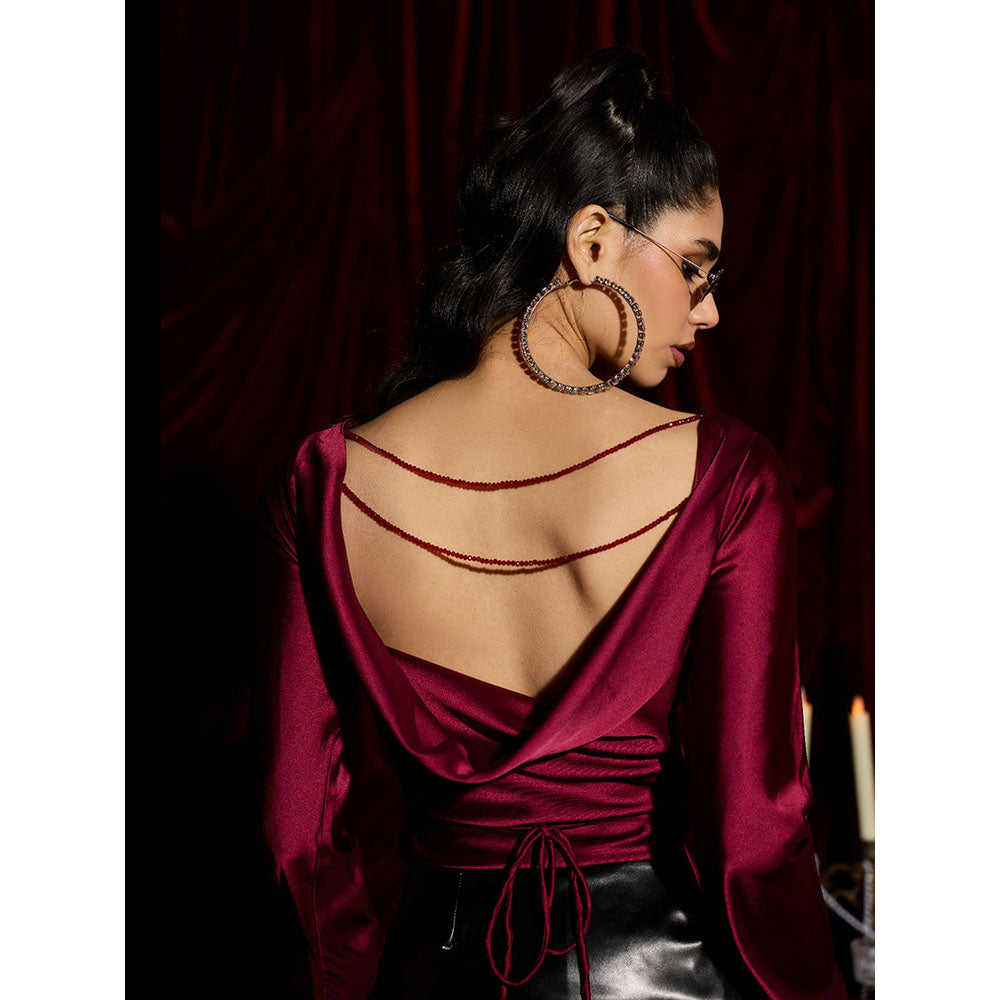 Lea Clothing Merlot Satin Cowl Embellished Top