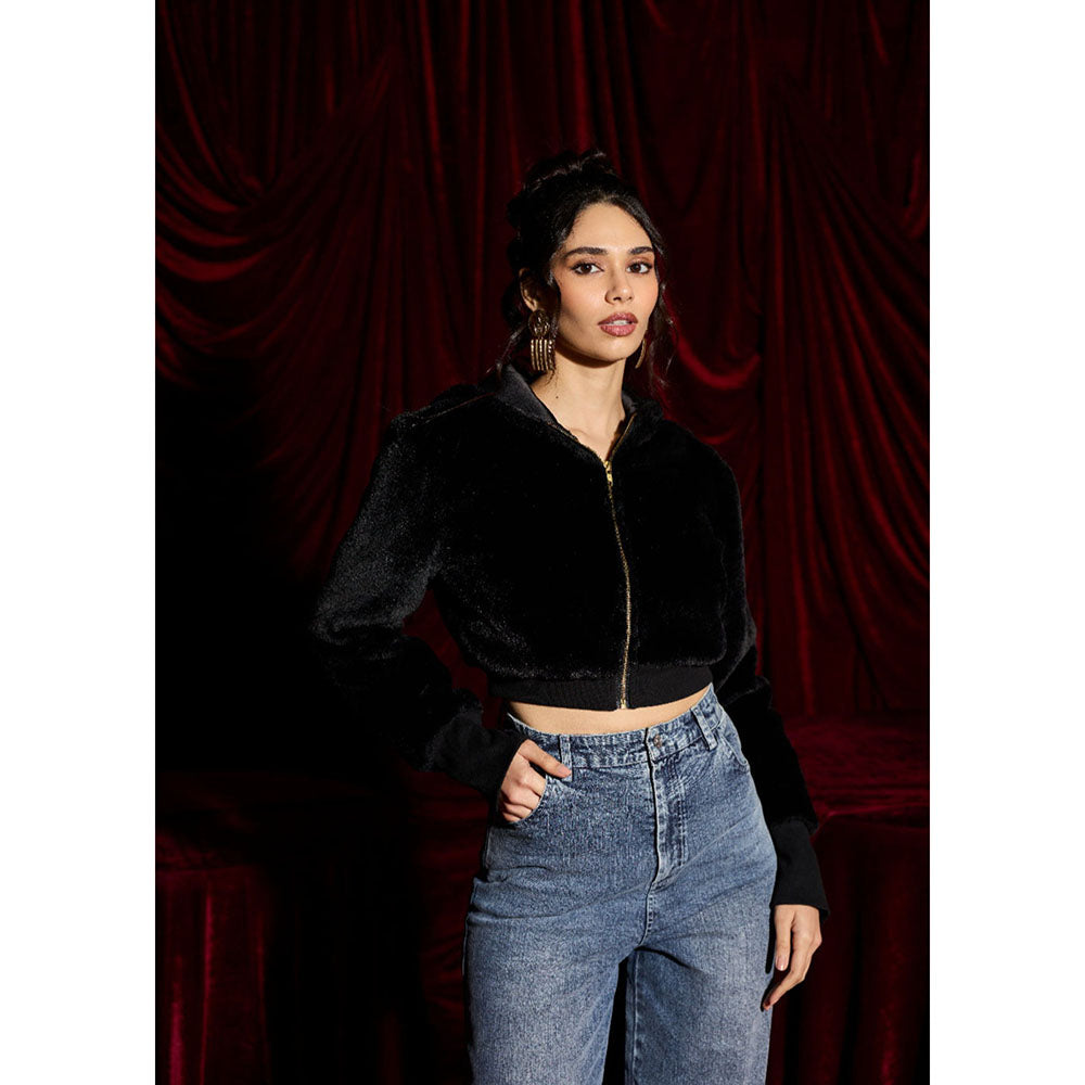 Lea Clothing Velvet Faux Fur Crop Hoodie Jacket