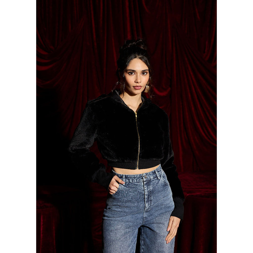 Lea Clothing Velvet Faux Fur Crop Hoodie Jacket