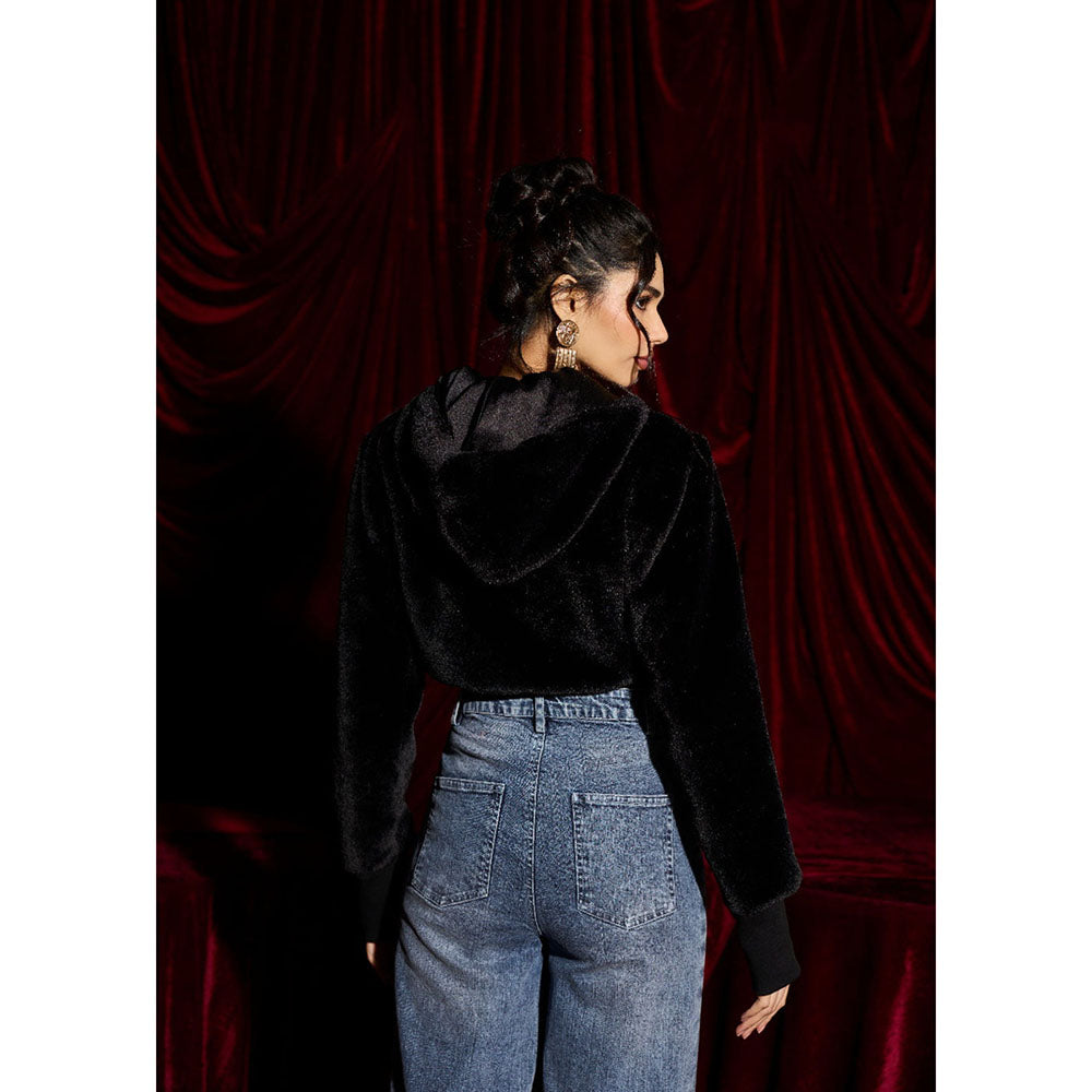 Lea Clothing Velvet Faux Fur Crop Hoodie Jacket