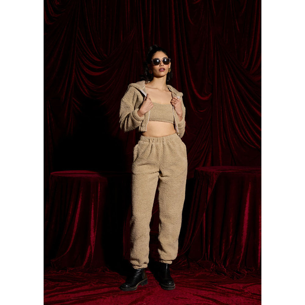 Lea Clothing Winter Tan Teddy Crop Zip-Up Hoodie Jacket